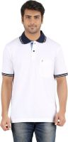 Furore Solid Men's Polo Neck White, Dark Blue T-Shirt