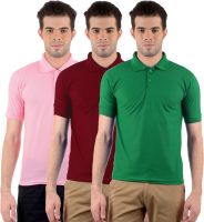 Gdivine Solid Men's Polo Neck Pink, Green, Maroon T-Shirt(Pack of 3)