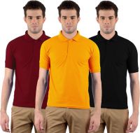 Gdivine Solid Men's Polo Neck Maroon, Black, Gold T-Shirt(Pack of 3)