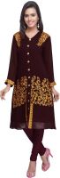 Khushali Party, Festive Self Design, Embroidered Women's Kurti(Brown)