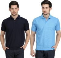 Krazy Katz Solid Men's Polo Neck Dark Blue, Light Blue T-Shirt(Pack of 2)
