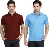 Krazy Katz Solid Men's Polo Neck Maroon, Light Blue T-Shirt(Pack of 2)