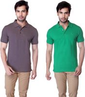 LUCfashion Solid Men's Polo Neck Grey, Green T-Shirt(Pack of 2)