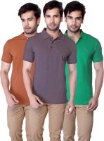 LanosUC Solid Men's Polo Neck Brown, Grey, Green T-Shirt(Pack of 3)