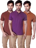 LanosUC Solid Men's Polo Neck Brown, Purple, Brown T-Shirt(Pack of 3)