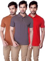 LanosUC Solid Men's Polo Neck Brown, Grey, Red T-Shirt(Pack of 3)