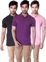 LanosUC Solid Men's Polo Neck Black, Purple, Pink T-Shirt(Pack of 3)