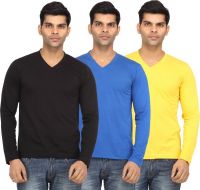 Leana Solid Men's V-neck Black, Blue, Yellow T-Shirt(Pack of 3)