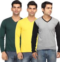 Leana Solid Men's V-neck Grey, Yellow, Green T-Shirt(Pack of 3)