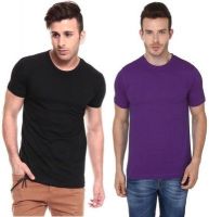 Lowcha Solid Men's Round Neck Black, Purple T-Shirt(Pack of 2)