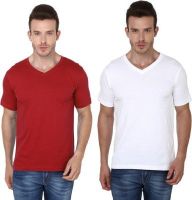 Meedo Solid Men's V-neck Red, White T-Shirt(Pack of 2)