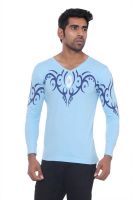Pezzava Self Design Men's V-neck Reversible Light Blue, Blue T-Shirt