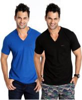Rodid Solid Men's V-neck Blue, Black T-Shirt(Pack of 2)