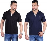Shineway Solid Men's Polo Neck Black, Dark Blue T-Shirt(Pack of 2)