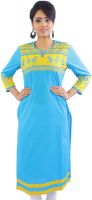 Shopping World Casual Embroidered Women's Kurti(Blue)