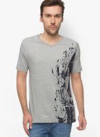 Slub Light Grey Printed V Neck T-Shirts