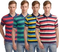 Superjoy Striped Men's Polo Neck Red, Green, Yellow, Pink T-Shirt(Pack of 4)