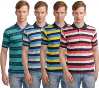Superjoy Striped Men's Polo Neck Green, Light Blue, Yellow, Pink T-Shirt(Pack of 4)