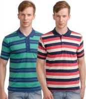 Superjoy Striped Men's Polo Neck Green, Pink T-Shirt(Pack of 2)