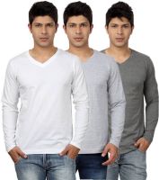 Top Notch Solid Men's V-neck White, Grey, Grey T-Shirt(Pack of 3)