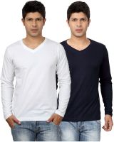 Top Notch Solid Men's V-neck White, Dark Blue T-Shirt(Pack of 2)