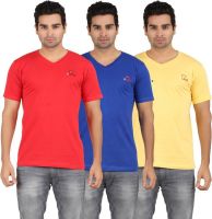 U Lead Solid Men's V-neck Yellow, Red, Blue T-Shirt(Pack of 3)
