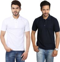 Weardo Solid Men's Polo Neck Blue, White T-Shirt(Pack of 2)