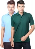 eSOUL Solid Men's Polo Neck Dark Green, Light Blue T-Shirt(Pack of 2)