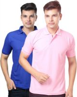 eSOUL Solid Men's Polo Neck Pink, Blue T-Shirt(Pack of 2)