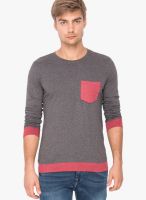 Campus Sutra Charcoal Grey Solid Round Neck T-Shirts