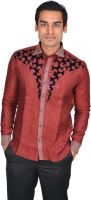 DoubleF Men's Embroidered Party Maroon Shirt