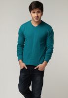 Genesis Aqua Blue Solid V Neck T-Shirts