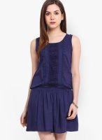 Global Colours Blue Colored Embroidered Skater Dress