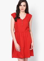 Harpa Red Colored Solid Skater Dress