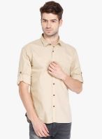 Highlander Beige Solid Slim Fit Casual Shirt