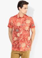 Jack & Jones Orange Printed Slim Fit Casual Shirt