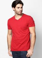 Jack & Jones Red Solid V Neck T-Shirts