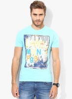 Lawman Pg3 Aqua Blue Printed Round Neck T-Shirt