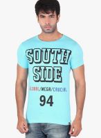 Radbone Aqua Blue Printed Round Neck T-Shirts