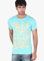 Radbone Aqua Blue Printed Round Neck T-Shirts