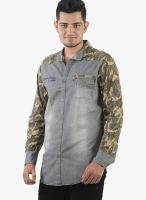 Vintage Grey Printed Denim Slim Fit Casual Shirt