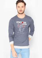 Campus Sutra Blue Printed Round Neck T-Shirts