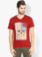 Jack & Jones Red Printed V- Neck T-Shirt