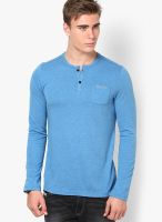 Reebok Blue Solid Henley T-Shirts