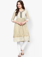 Span Beige Embroidered Kurtis