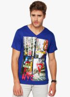 Yepme Blue Printed V Neck T-Shirt