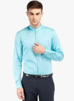 Black Coffee Aqua Blue Solid Slim Fit Formal Shirt