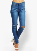 Boohoo Mid Blue Slit Knee Mid Rise Skinny Jeans