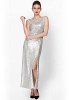 Faballey Silver Colored Solid Maxi Dress