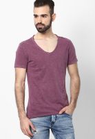 Gas Pink Solid V Neck T-Shirts